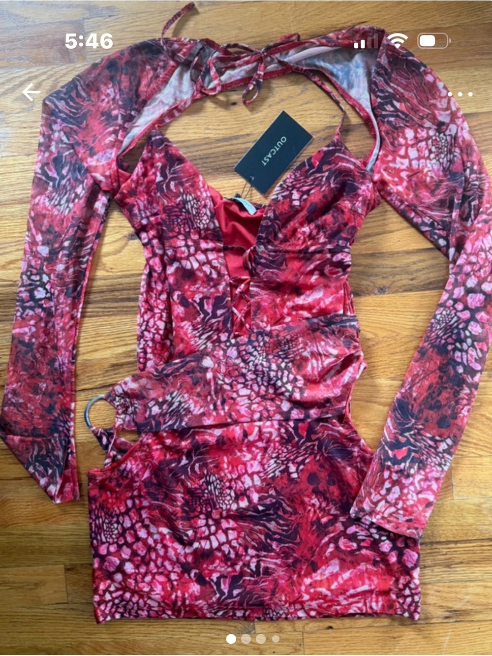 Cutout sexy Lace-Up Long Sleeve Mini Dress - Red Print
